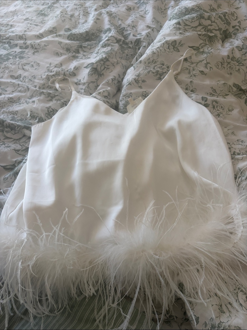 Anthropologie White Feather-Trim Satin Camisole